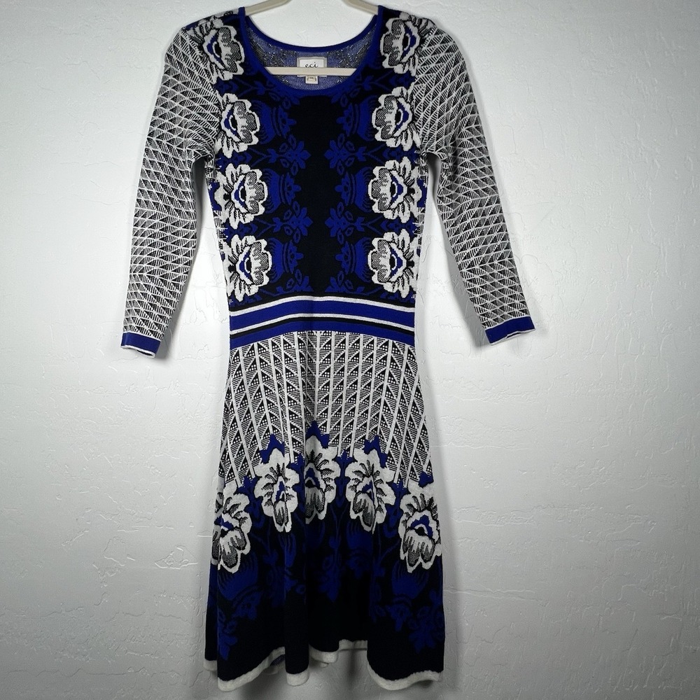 ECI NY Womens Patterned Sweater Dress  Fit & Flare Size XS‎ Blue Black White